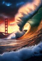 large wave in the ocean with a golden gate bridge in the background. . photo