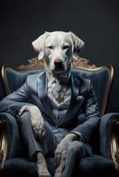 dog in a suit sitting in a chair. . photo