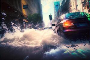 car is driving through a flooded street. . photo