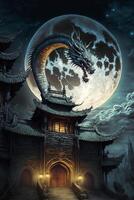 dragon sitting on top of a building in front of a full moon. . photo