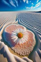 white flower sitting on top of a sandy beach. . photo