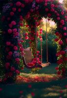 swing in the middle of a garden full of flowers. . photo