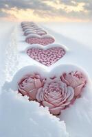 row of pink roses sitting on top of snow covered ground. . photo