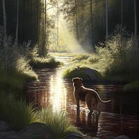 painting of a dog standing in a stream. . photo