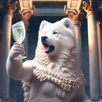 statue of a dog holding a glass of wine. . photo