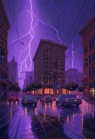 city street is flooded with water and lightning. . photo