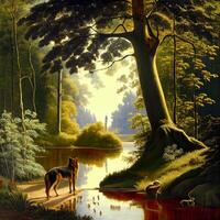 painting of a dog standing in a stream. . photo