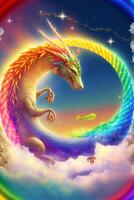 rainbow colored dragon flying through a cloudy sky. . photo