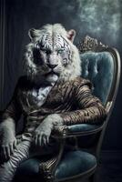 white tiger sitting on top of a blue chair. . photo