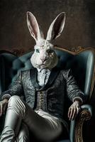 man wearing a rabbit mask sitting in a chair. . photo