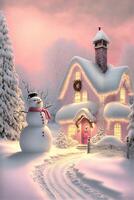 house with a snowman in front of it. . photo