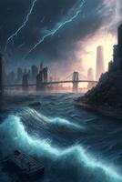 painting of a city on a stormy day. . photo