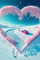 pink car driving down a snow covered road. . photo