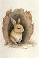 watercolor painting of a rabbit in a hole. . photo