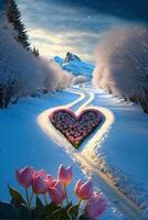 corazón conformado flor en el medio de un Nevado la carretera. generativo ai. foto