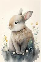 watercolor painting of a rabbit sitting in the grass. . photo