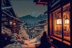 person looking out a window at a snowy mountain. . photo