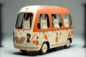 close up of a toy bus on a gray surface. . photo