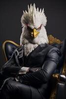 calvo águila en un traje sentado en un silla. generativo ai. foto