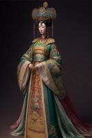 woman in a traditional chinese dress poses for a picture. . photo