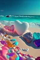 couple of hearts sitting on top of a sandy beach. . photo