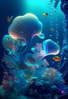 an underwater scene of a jellyfish and corals. . photo