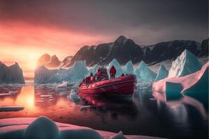 boat in a body of water with icebergs in the background. . photo