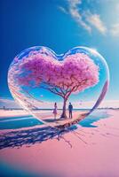 man and a woman standing in front of a heart shaped tree. . photo