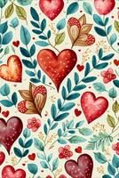 pattern of hearts and leaves on a white background. . photo