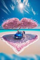 coche estacionado en un playa con un árbol en el forma de un corazón. generativo ai. foto