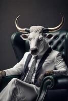 hombre en un traje sentado en un silla vistiendo un cerdo mascarilla. generativo ai. foto
