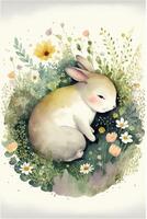 watercolor painting of a rabbit sitting in the grass. . photo