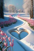 painting of a heart in the middle of a field of tulips. . photo