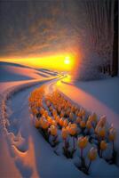 field of tulips in the snow at sunset. . photo