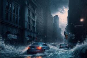 group of cars driving down a flooded street. . photo