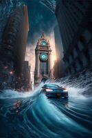 car driving down a city street with a clock tower in the background. . photo