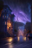 painting of a city street at night. photo
