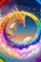 rainbow colored dragon flying through a cloudy sky. . photo