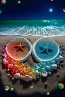 couple of bowls sitting on top of a sandy beach. . photo