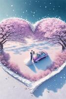 bride and groom standing in front of a pink car. . photo