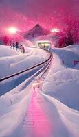 train is coming down the tracks in the snow. . photo