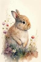 watercolor painting of a rabbit sitting in the grass. . photo