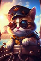 A Pixar style baby cat sitting on a very big pirates. . photo