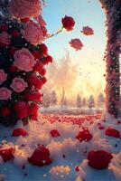 Many tall red roses covered with transparent snow. . photo