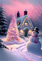 painting of a snowman in front of a christmas tree. . photo
