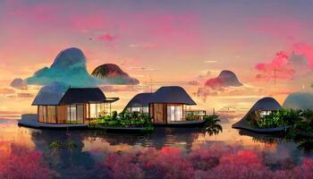 group of floating houses sitting on top of a body of water. . photo