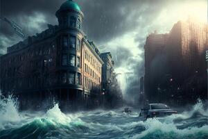 car driving through a flooded city at night. . photo