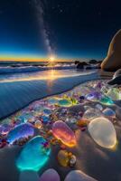 group of jellys sitting on top of a sandy beach. . photo