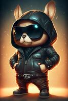 Bright noon rabbit in leather hood with sunglass. . photo