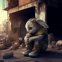 A humanoid rabbit. Wearing shabby clothes. Sitting in the street. . photo